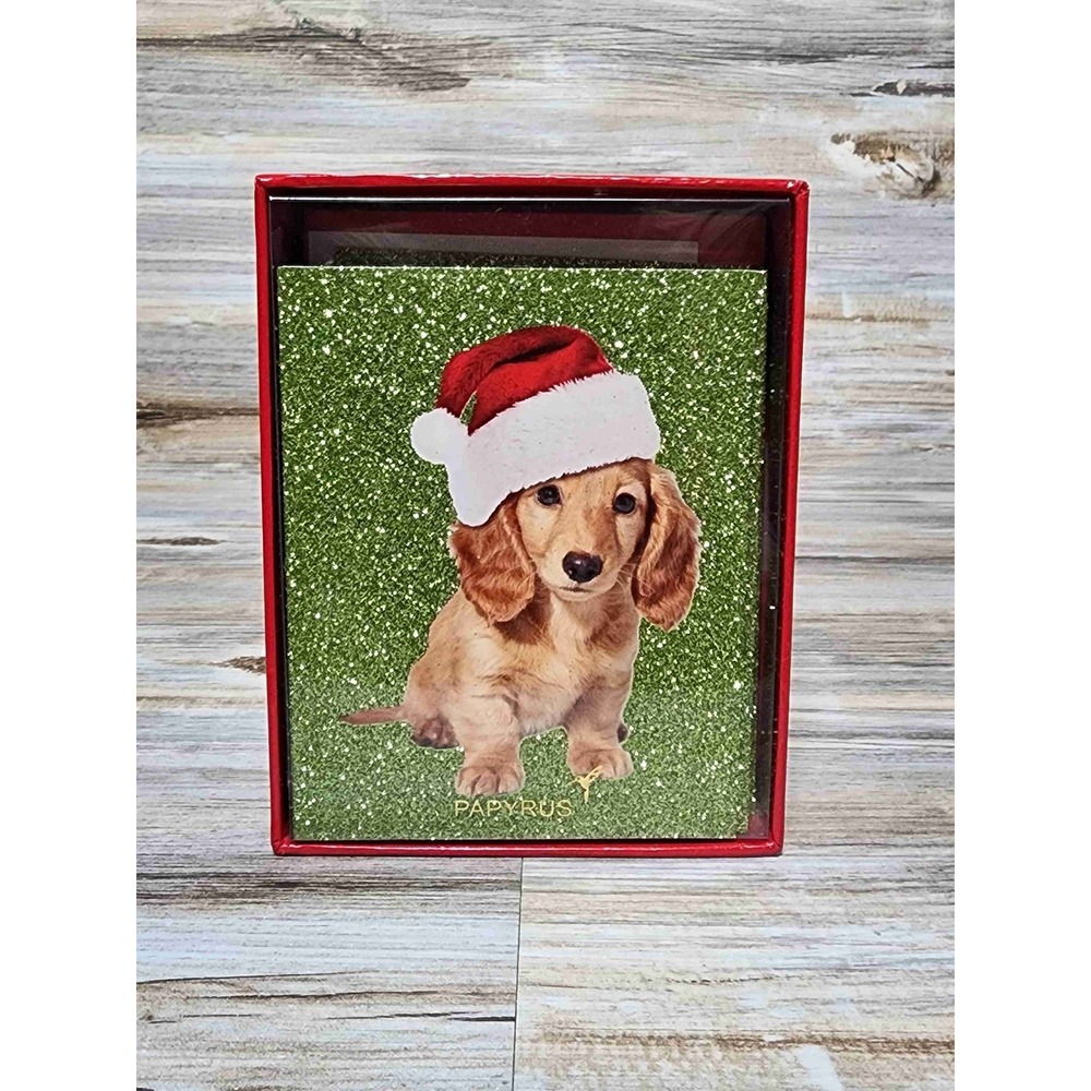 NEW Papyrus Puppy With Santa Hat Glitter Background Holiday Cards